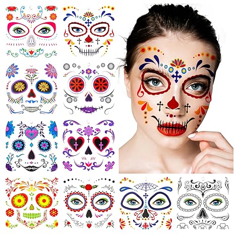 Day of the Dead Face Temporary Tattoos, 10 Sheets Halloween Floral Sugar Skull Temporary Face Tattoos Stickers Makeup Kit on Cheek Eye Forehead Nose Mouth for Halloween Masquerade Party