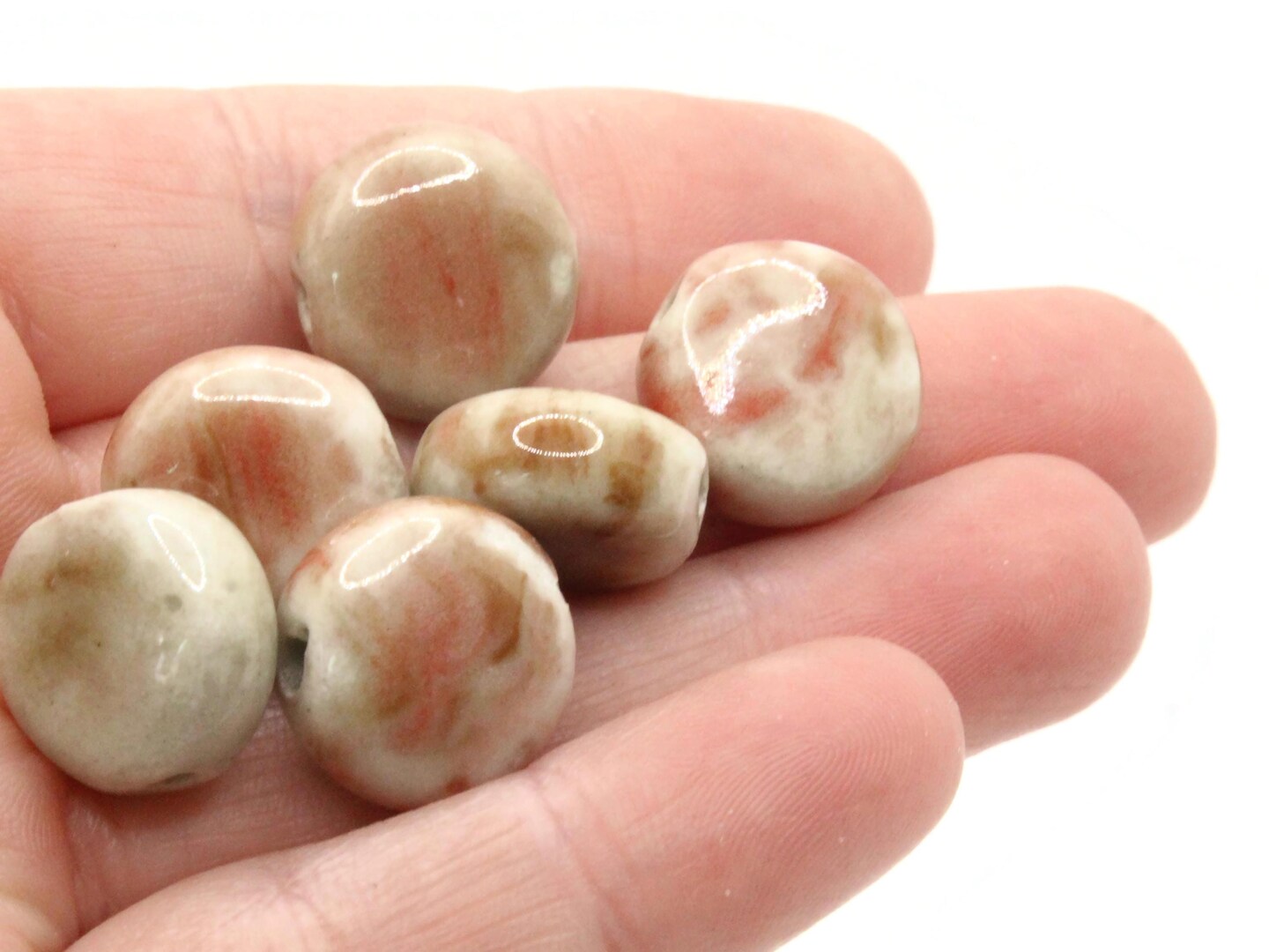 8 15mm Light Gray with Red and Brown Ceramic Coin Large Hole Beads