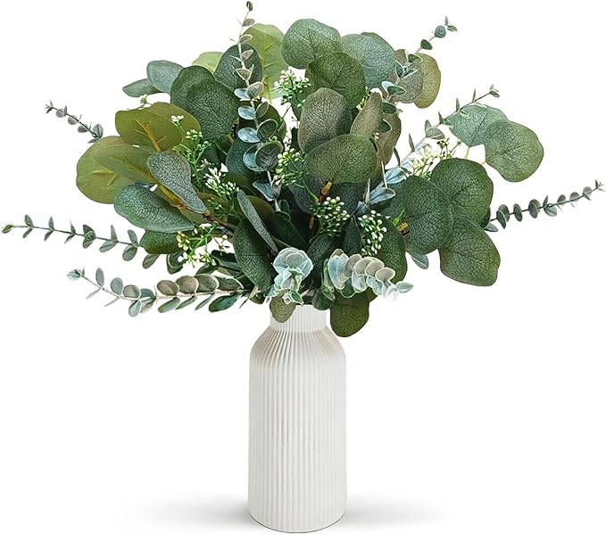 Artificial Eucalyptus Decor in White Ceramic Vase, Eucalyptus Leaves for Farmhouse Table Centerpiece, Home Office Kitchen Bathroom Decor