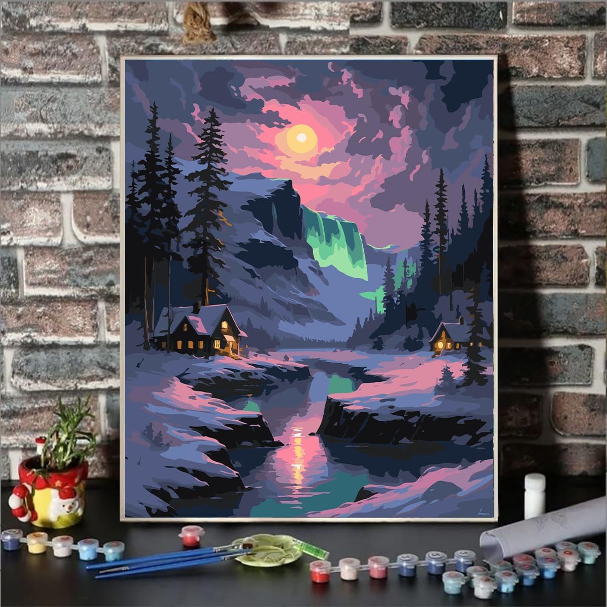 Snow Mountain Paint by Numbers Kit for Adults Beginner Waterfall Adult Paint by Number Kits On Canvas River Cabin Oil Painting Kit for Adults Kits for Gift Home Wall Decor 16x20 Inch