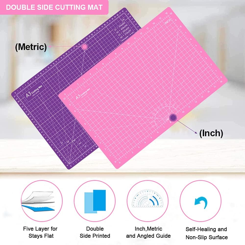 18"x12" Thickened Self Healing Cutting Mat, A3 Rotary Cutting Sewing Mat for Crafts, Double Sided 5-Ply Table Cutting Board for Fabric Quilting Art Hobby Project, Pink/Purple