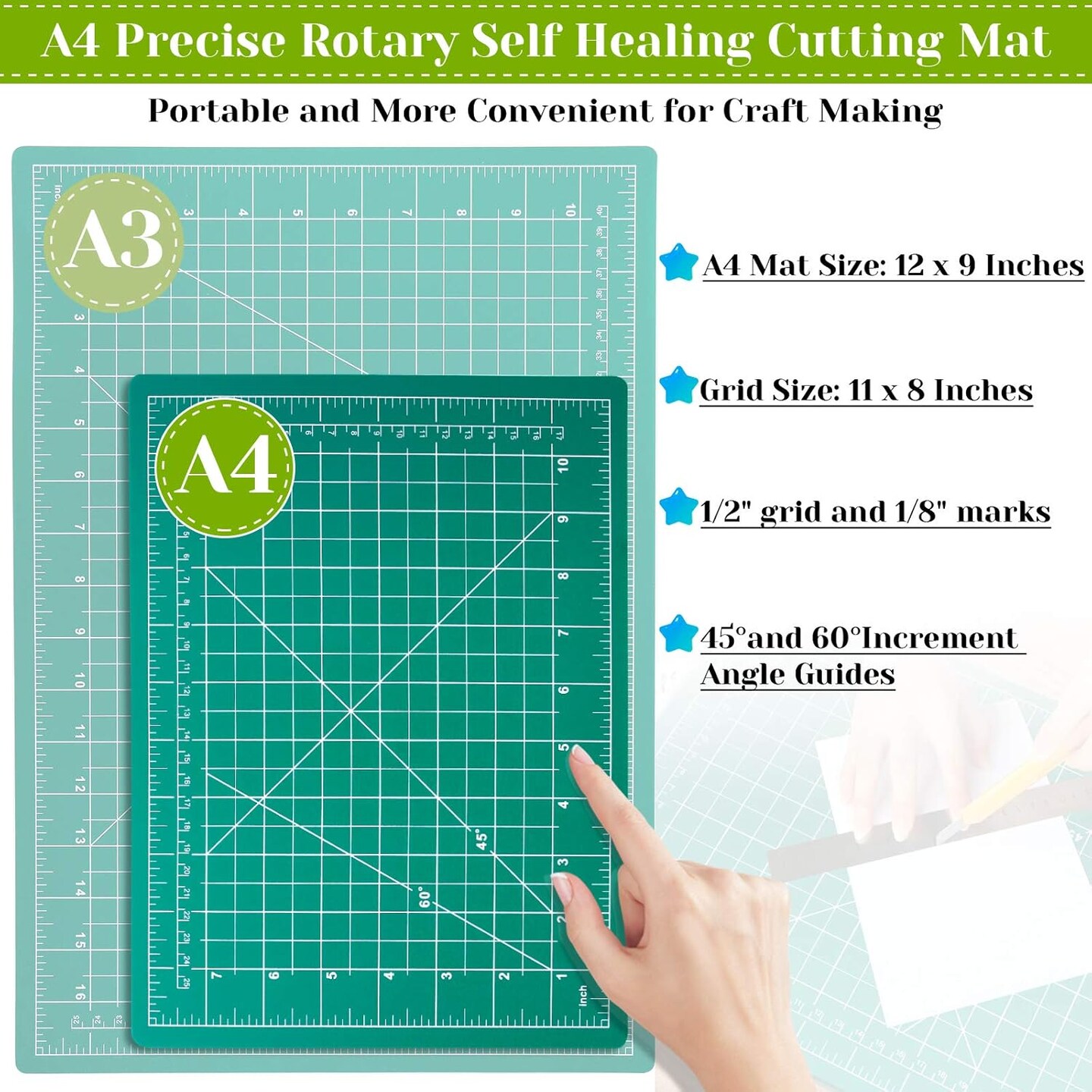 Rotary Cutter Set, Self Healing Sewing Mats Rotary Cutter and Mat 45mm Rotary Fabric Cutter Set with 2 Blades Rotary Cutting Mat for Crafts Fabric Quilting Hobby (9&#x22; x 12&#x22; (A4))