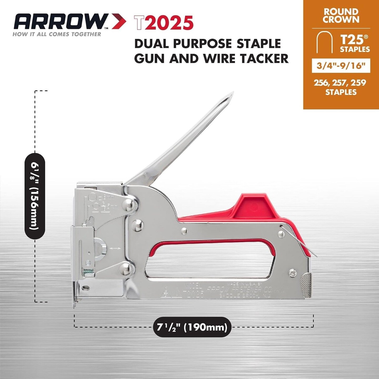 T2025 2-In-1 Staple Gun and Wire Tacker for Upholstery, Crafts and Low Voltage Wiring, Fits 3/8&#x201D;, 7/16&#x22;, or 9/16&#x201D; Round Crown, or 5/16&#x201D;, 3/8&#x201D;, or 1/2&#x22; Flat Crown Staples