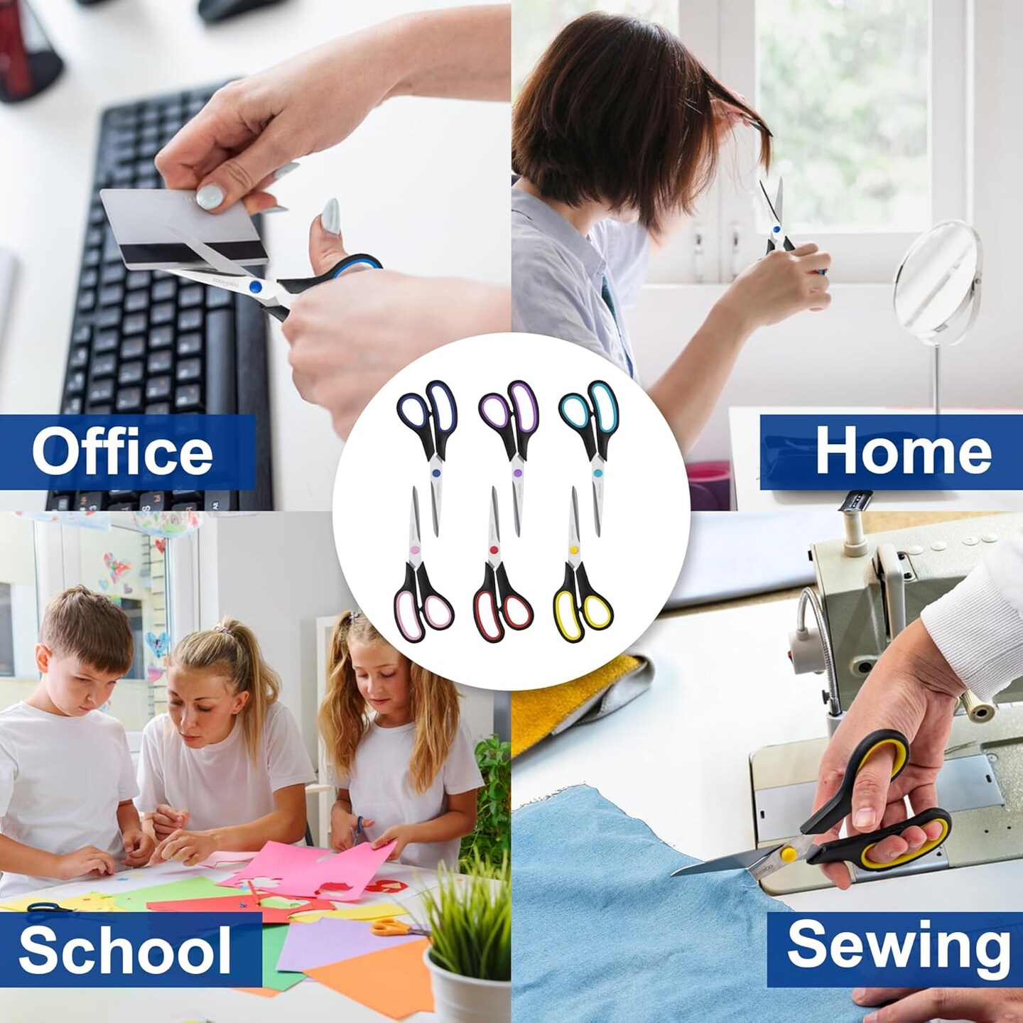 All Purpose 6 Pack - Comfort-Grip Scissors for Office Desk Accessories Sewing Fabric Home Craft School Supplies, Teacher/Class Supplies, Right/Left Handles