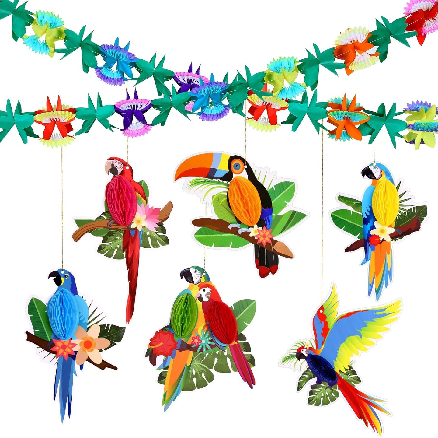 Summer Hawaiian Tropical Luau Party Decorations, 20Ft Tropical Garlands &#x26; 6 Birds Honeycomb for Summer Tiki Bar Beach Party Decorations Supplies