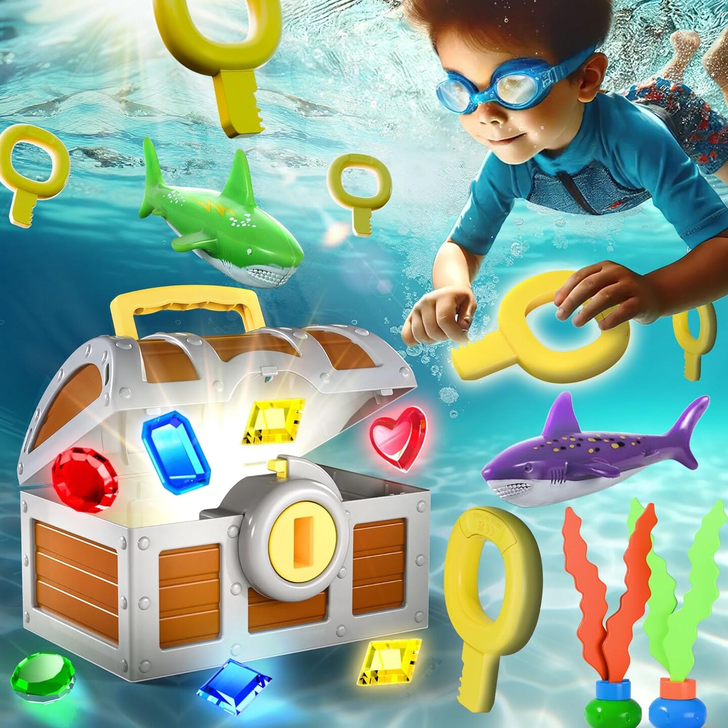 Summer Pool Wave Kids Diving Pool Toy, Large Treasure Chest Water Dive Game W/Keys Gems Fish, Toddler Outdoor Swimming Treasure Box Playset, Fun Summer Swim Party Gifts 3 4 5 6 7 8 10 12 Year Old Boy Girl