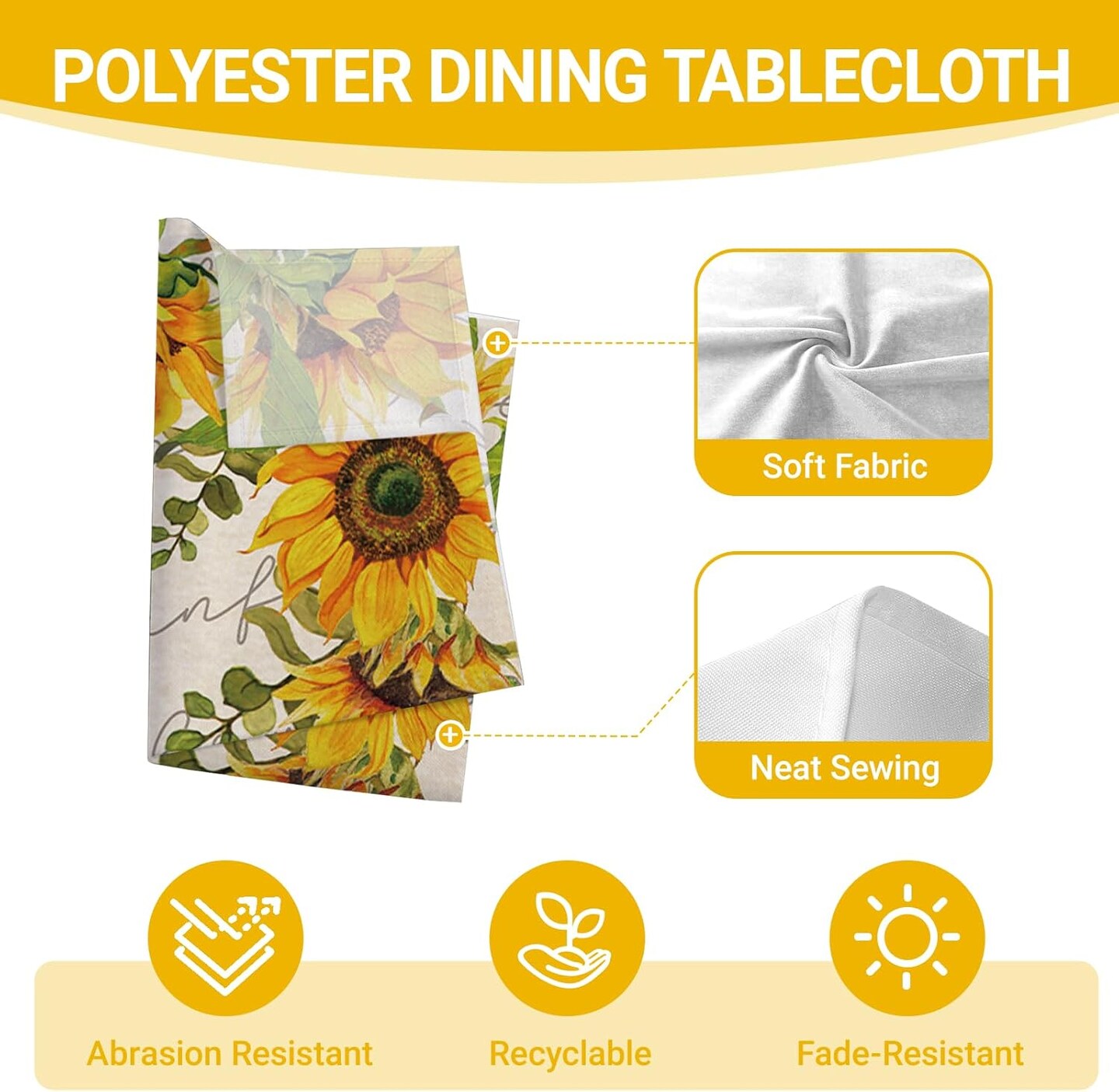 Spring Summer Sunflower Rectangle Tablecloth 60 x 120 Inches, Fall Autumn Flower Floral Decorative Dining Table Cloth, Seasonal Dinner Table Cover Picnic Party Decoration