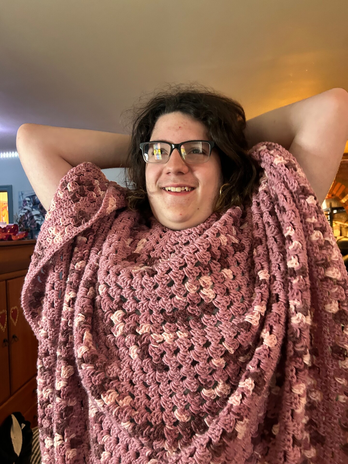 Poncho In Pinks and White Plus Size Tall For Women, Granny Stitch