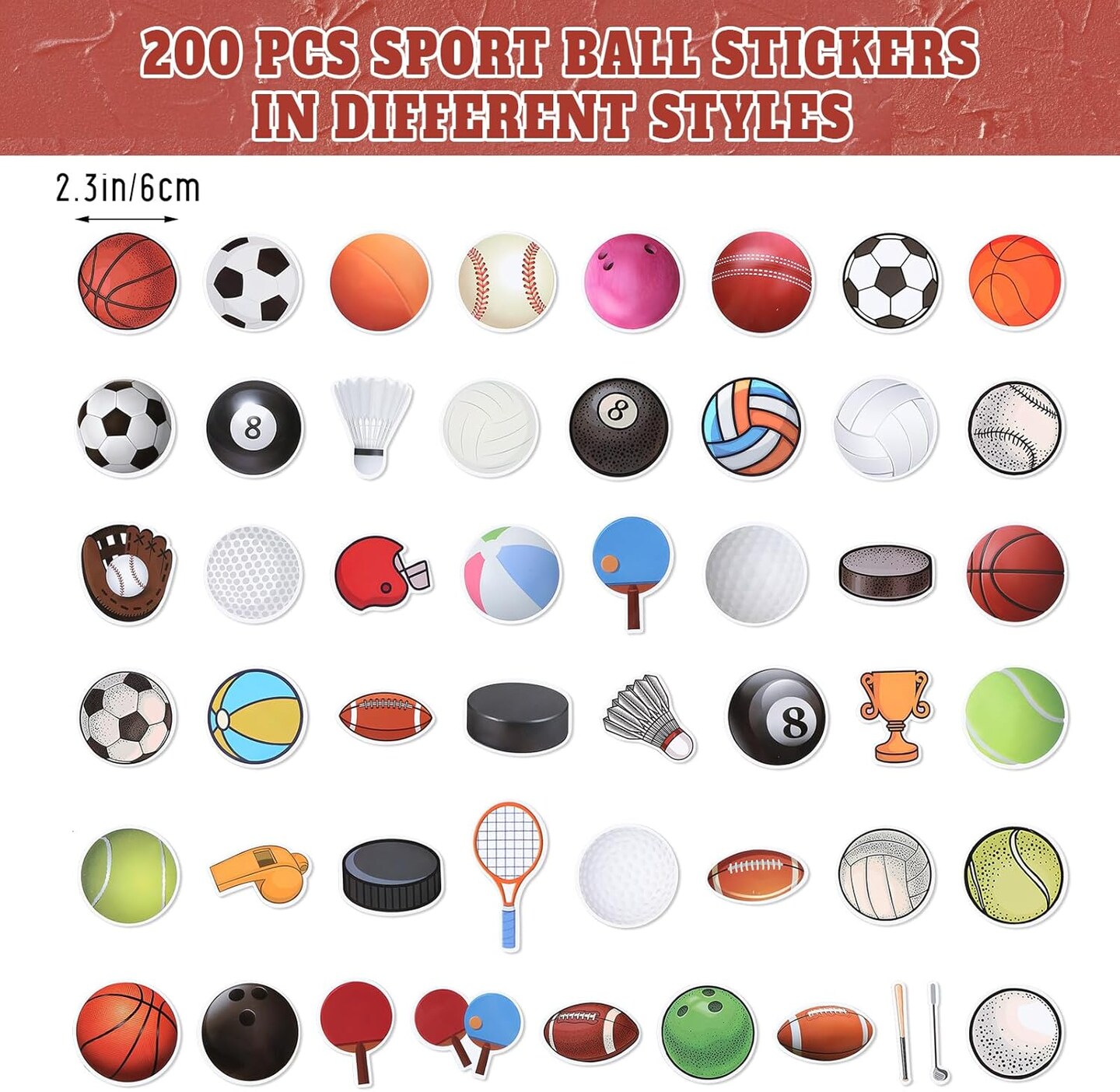 200 Pcs Sport Stickers Bulk for Water Bottles Vinyl Waterproof Mixed Balls Stickers Sports Sport Ball Stickers for Sports Party Favors Birthday Supplies