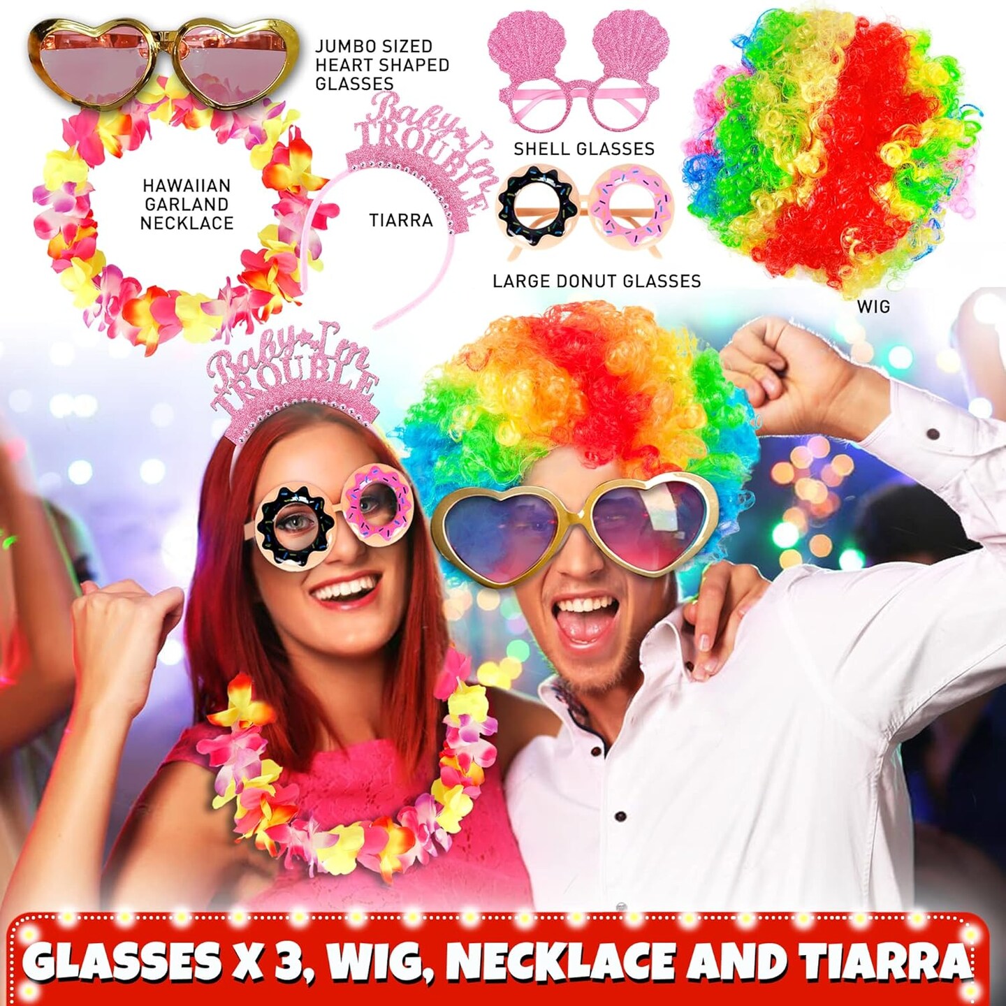70 Pc Large Premium Photo Booth Props Set for All Occasions - Wedding Props, Birthday Props, Graduation Props, Inflatables, Large Glasses, Multi-Colored Wig, Hawaiian Lei, Hand Pump
