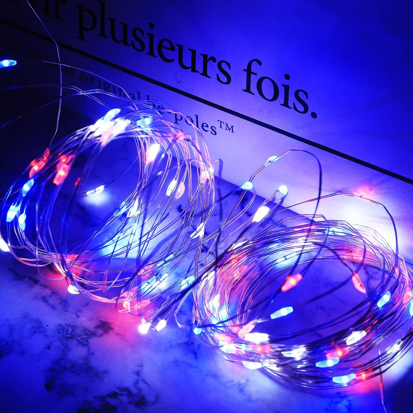 4th of July Decorations Fairy Lights - Red White Blue String 100LED Copper Battery Operated Remote Control Patriotic for Independence Memorial Day - 4 Pack