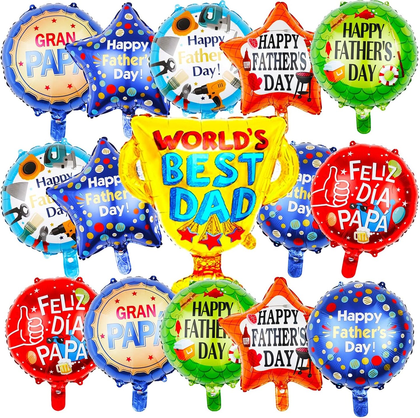 15Pcs Happy Fathers Day Balloons Party Decorations, 18 inch Feliz Dia PaPa Foil Balloons, Worlds Best Dad Balloons for Father&#x27;s Day Party Birthday Decorations Supplies