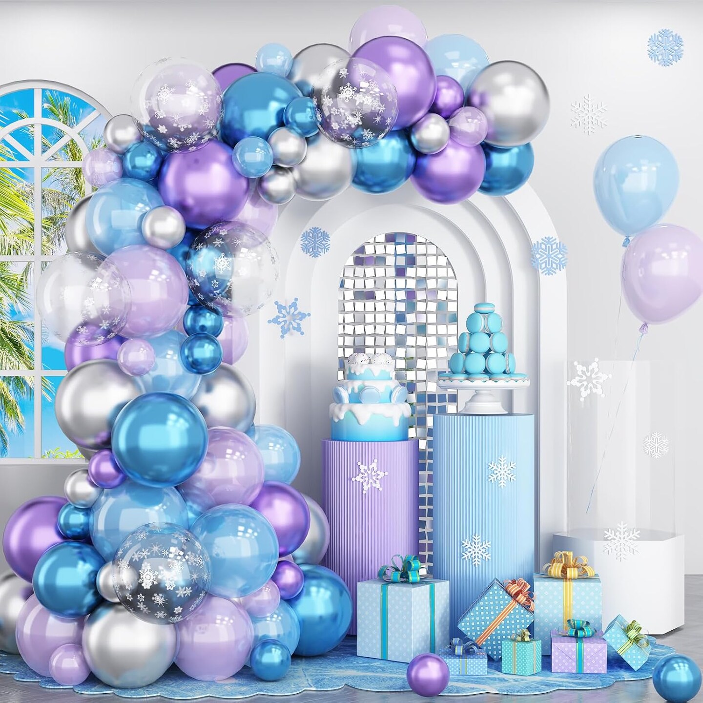 Blue Purple Silver Balloon Arch Kit Metallic Pearl Purple Blue Silver Latex Balloons Garland with Snowflake Balloon for Princess Girl Winter Frozen Wonderland Birthday Baby Shower Party Decor
