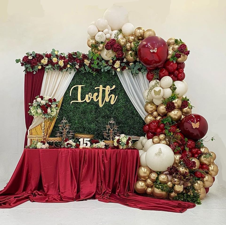 Burgundy Gold Balloons Garland Double Stuffed Wine Red Sand White Metallic Gold Latex Balloons Arch Kit