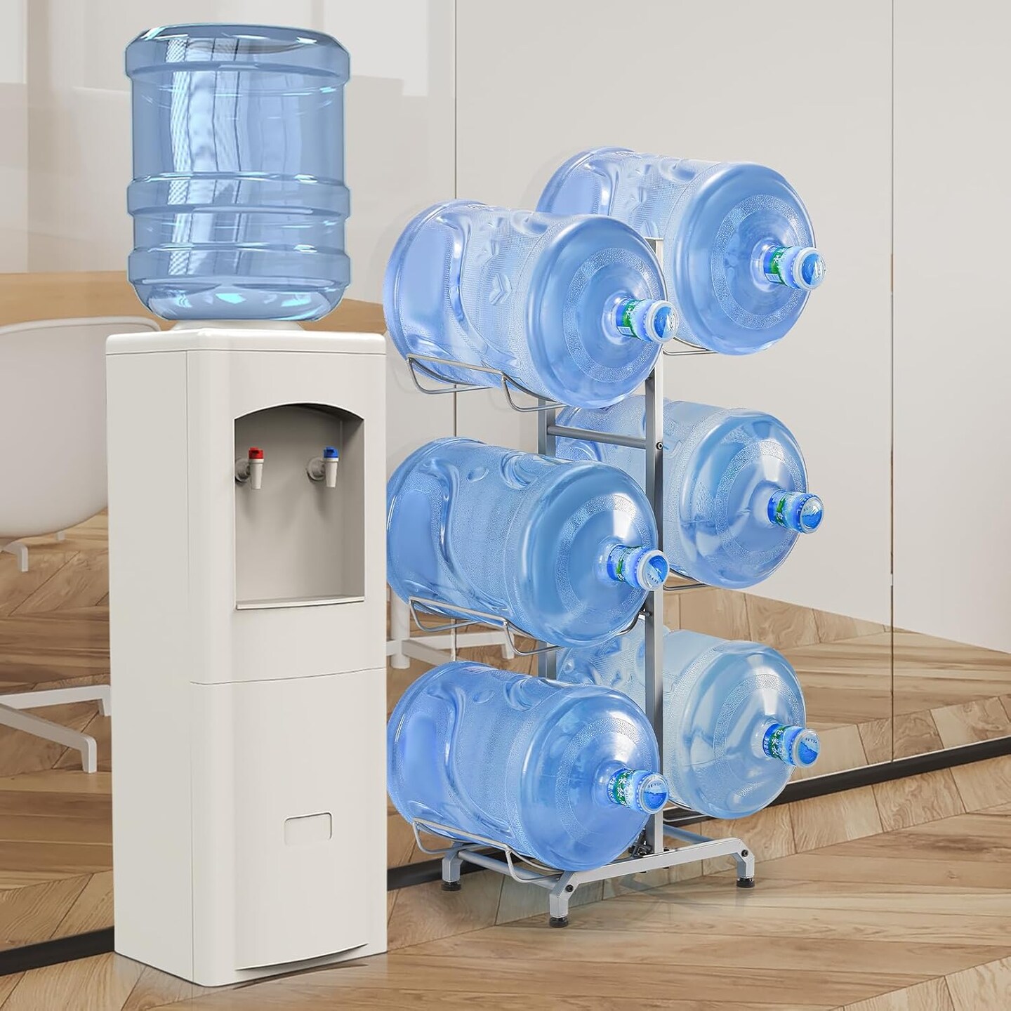 5 Gallon Water Cooler Jug Rack for 6 Bottles - 3-Tier Heavy-Duty Stand with Wheels, Silver, Space-Saving Storage for Home, Office, Garage