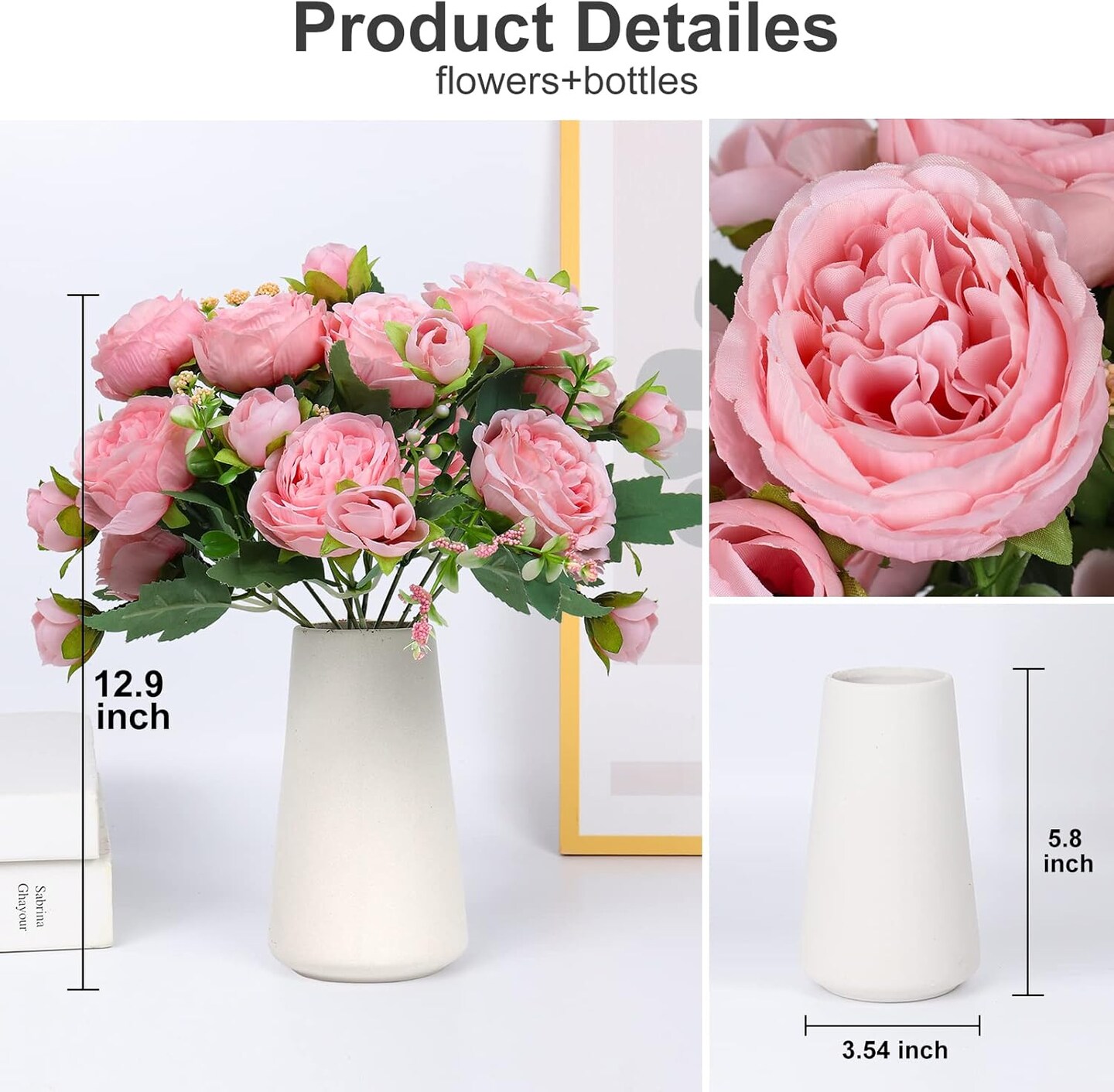 Faux Peony Flowers with Vase Fake Bouquet with Stems Artificial Greenery for Floral Arrangements Silk Plants for Home Decor Indoor Rustic Coffee Centerpiece Table Mother&#x27;s Day(Pink)