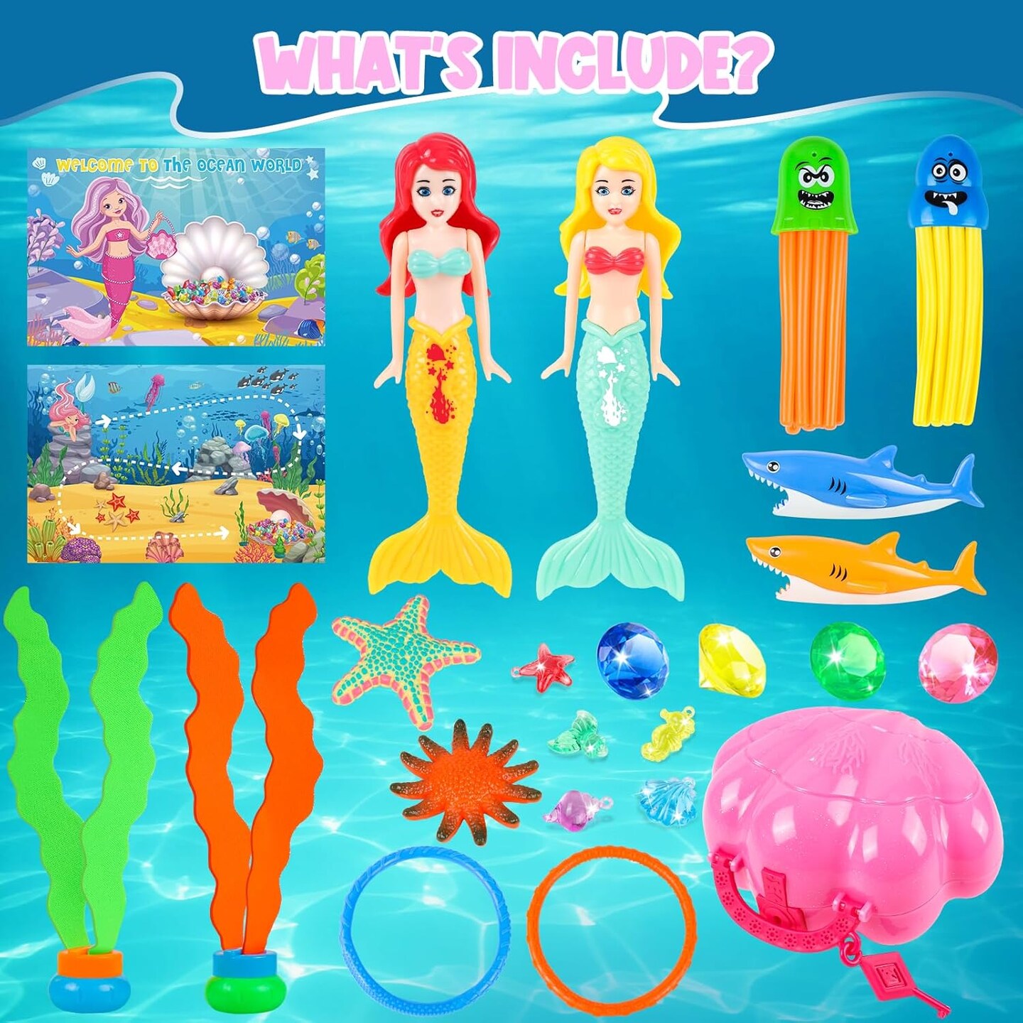 Summer Pool Toys, Swim Diving Toys for Kids Set with Upgraded Shell Treasure Chest, Pool Mermaid with Storage Bag Pool Game Summer Beach Water Birthday Party Gift(Shell Box)
