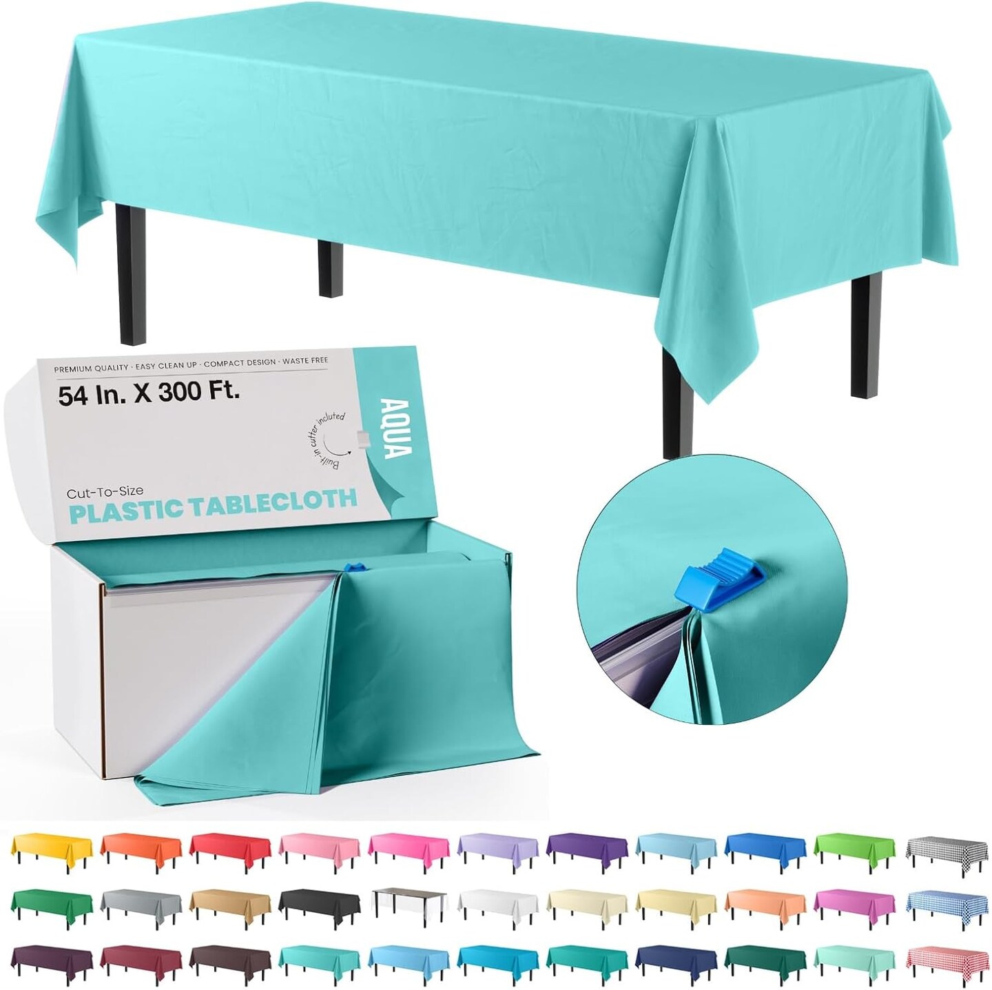 Aqua Plastic Table Cover Roll, 54″ × 300′ Cut-to-Size with Slide Cutter
