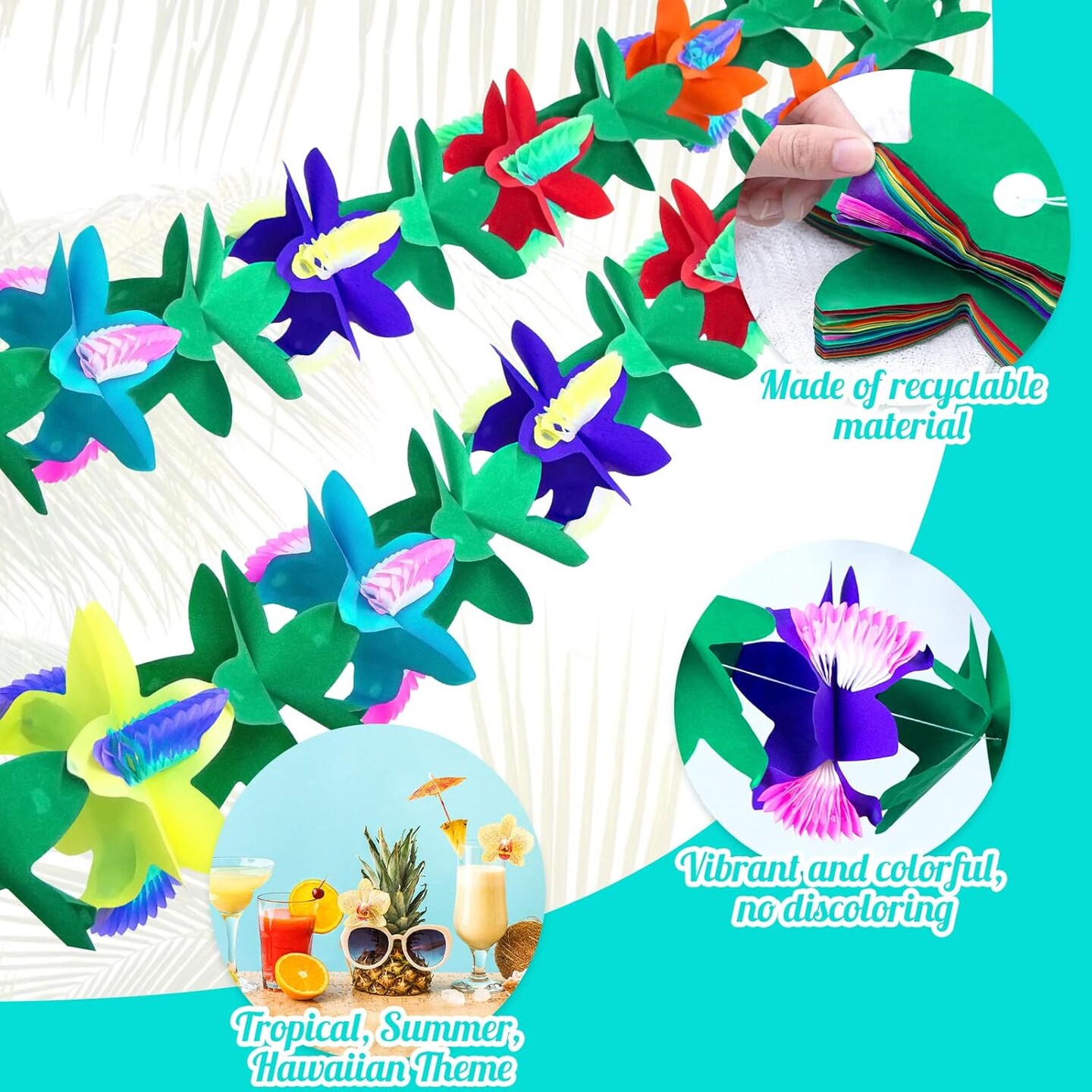6 Packs Summer Tropical Flower Garlands, Tissue Flower Banner Hibiscus Garland Hanging Party Decorations for Hawaiian Luau Party Beach
