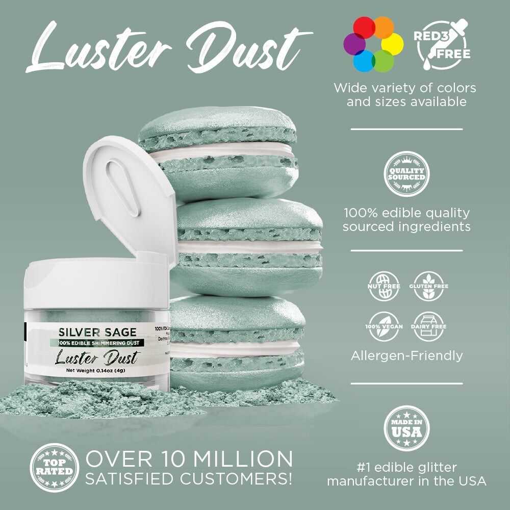 Bakell - Silver Sage Luster Dust (4g, 1x Jar) Edible Vegan Dust & Paint for Baking, Desserts and Beverages