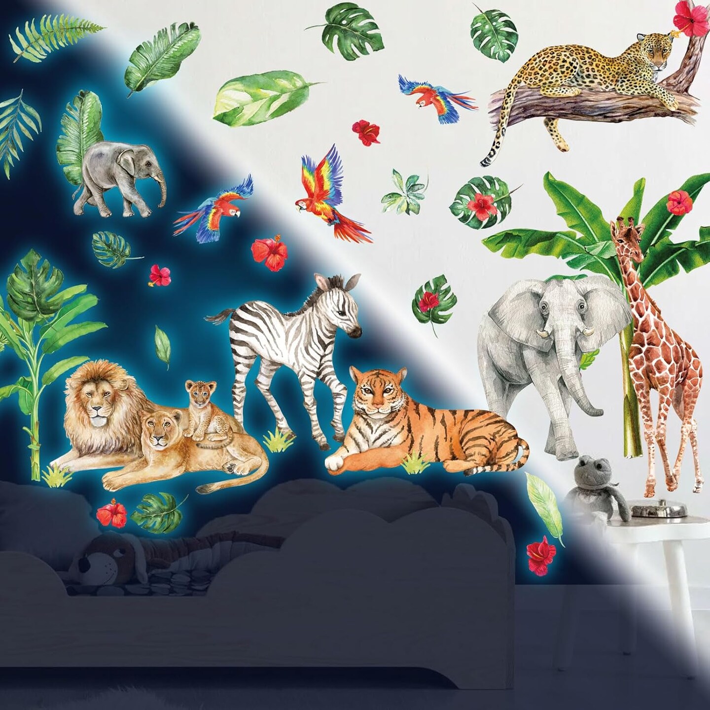 Glow-in-the-Dark Jungle Animal Wall Decals – Removable Safari Stickers for Kids’ Bedroom & Nursery