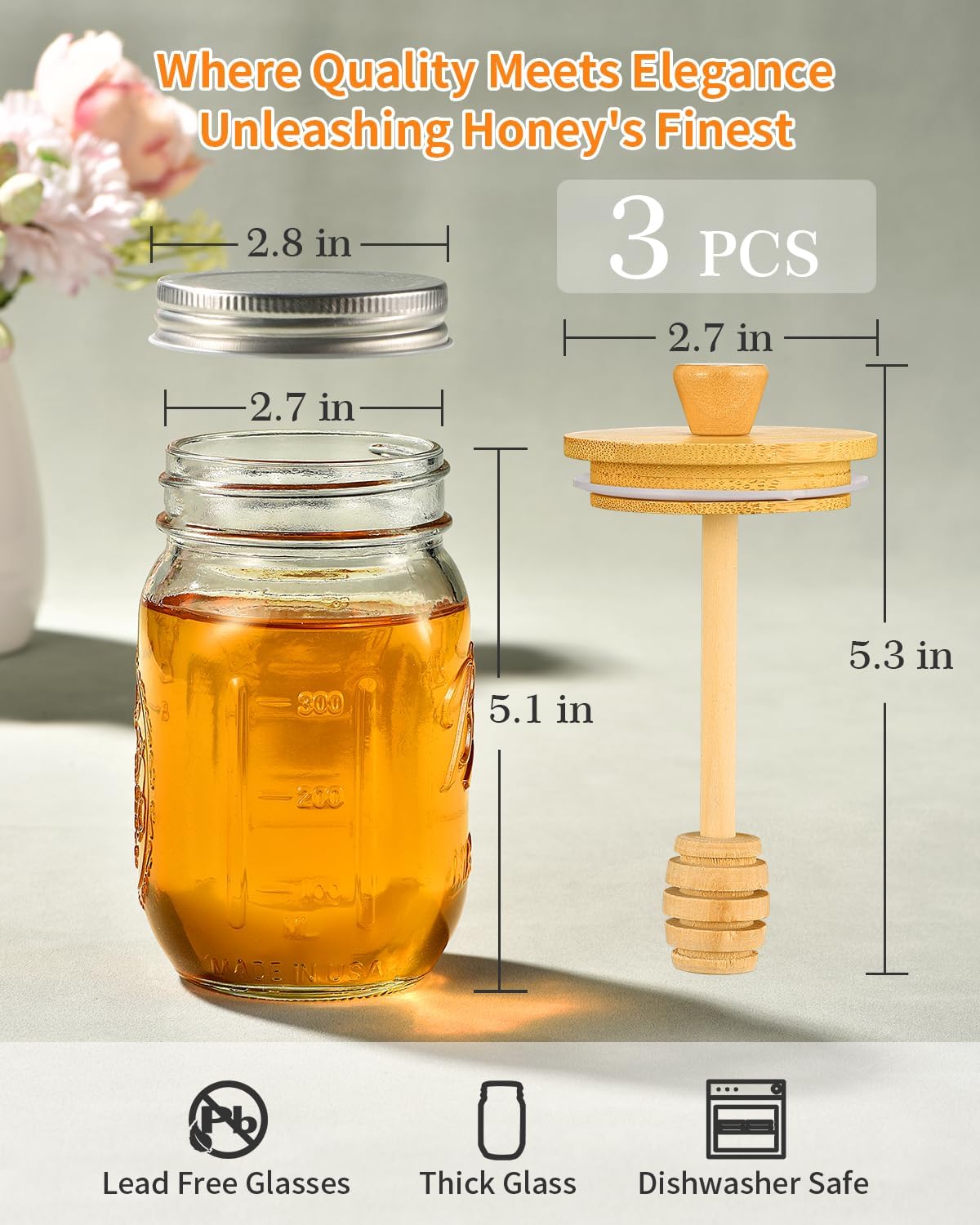 Honey Jar with Dipper and Lid, 16oz Honey Pot Set of 3, Mason Jar Honey Dipper Lid, Honey Container with Dipper, Storage Jars with Lids