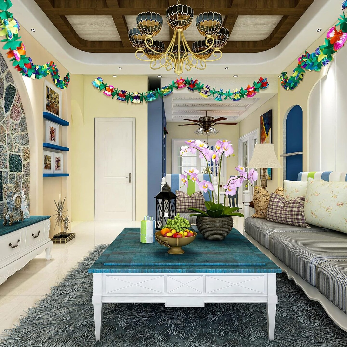 3 Pack Summer Tropical Paper Flower Garland Luau Party Decorations, 30FT Tissue Flower Banner for Hawaiian Summer Tiki Bar Tropical Party Decor