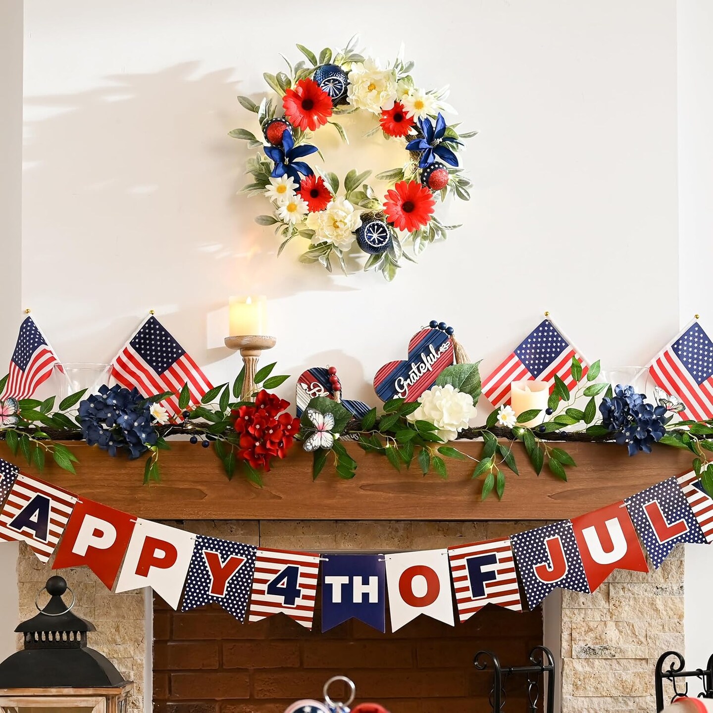 Patriotic Wreath for Front Door with Lights,20'' Red White Blue 4th of July Wreath for Memorial Day Decorations,Floral with Ball Ornament for Independence Day Americana Decor