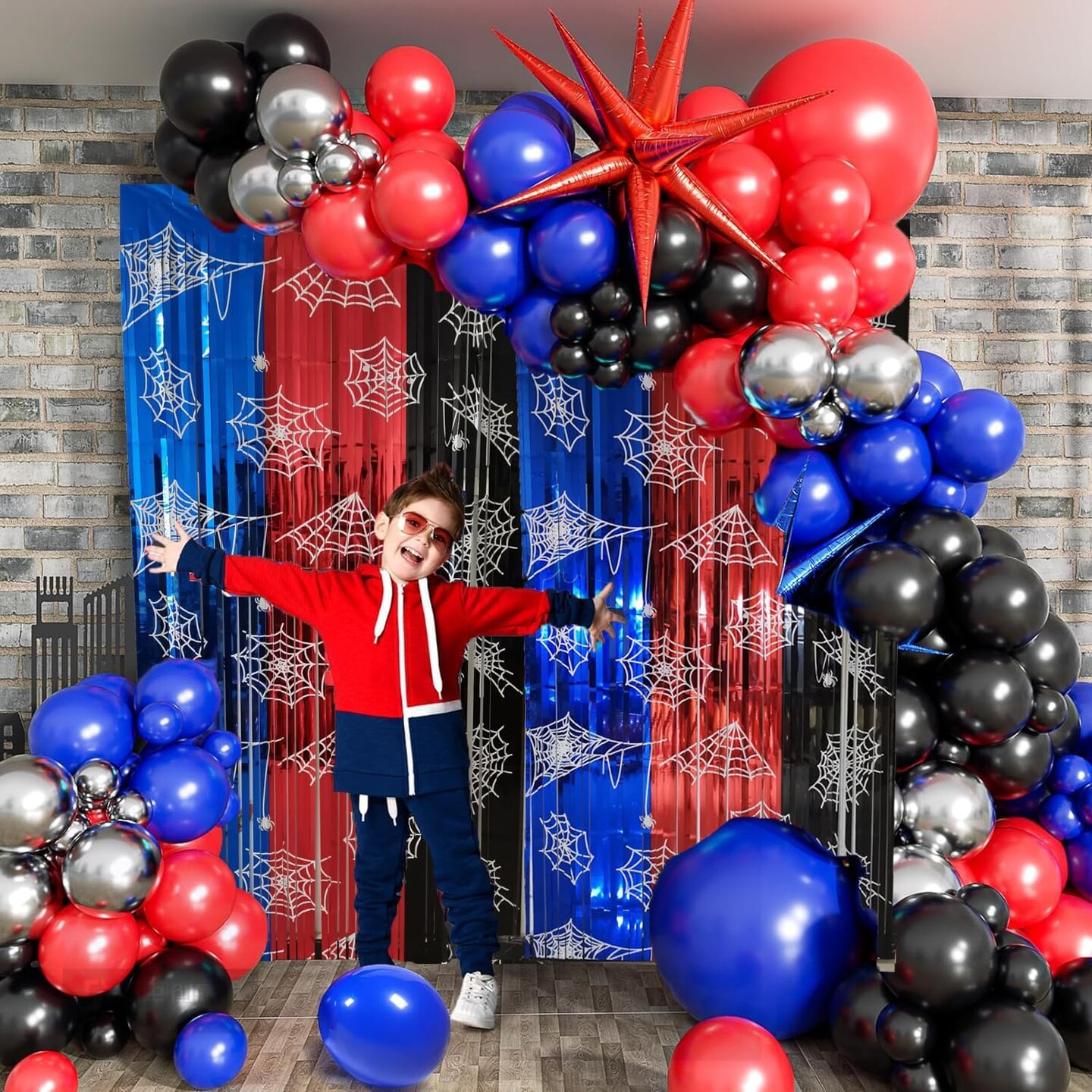 Spider Web Birthday Decorations 2 Pack Spider Party Supplies 3.3x6.6ft Red Blue and Black Spidey Tinsel Foil Fringe Curtains Backdrop Red and Blue Streamers Spider Theme Party Decorations