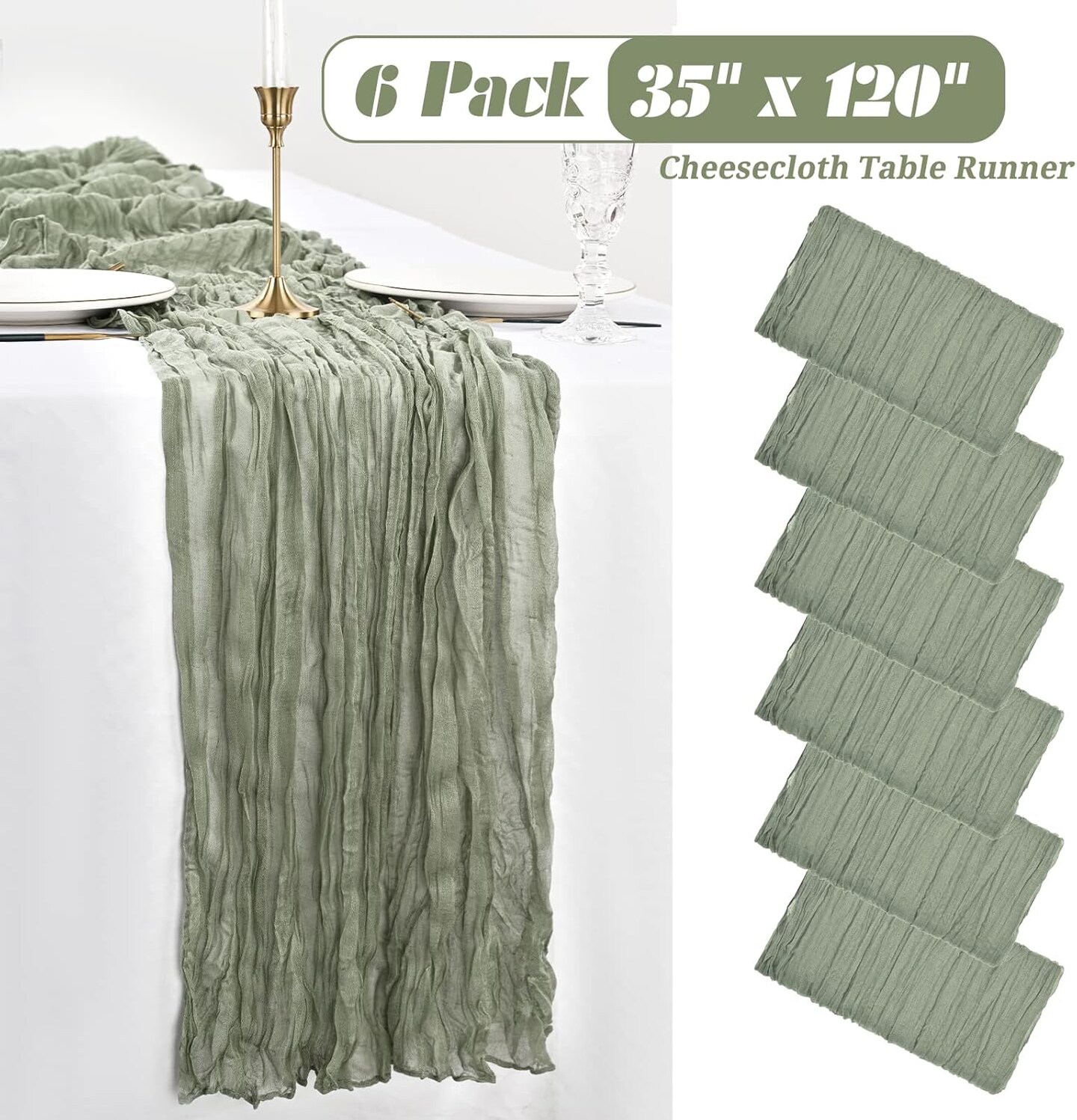 6 Pack Sage Green Cheesecloth Table Runner Gauze Table Runner 10FT Long Semi-Sheer Table Runner Boho or Rustic Wedding Table Decor for Wedding Decor Arch Draping Holiday Party St Patricks Day