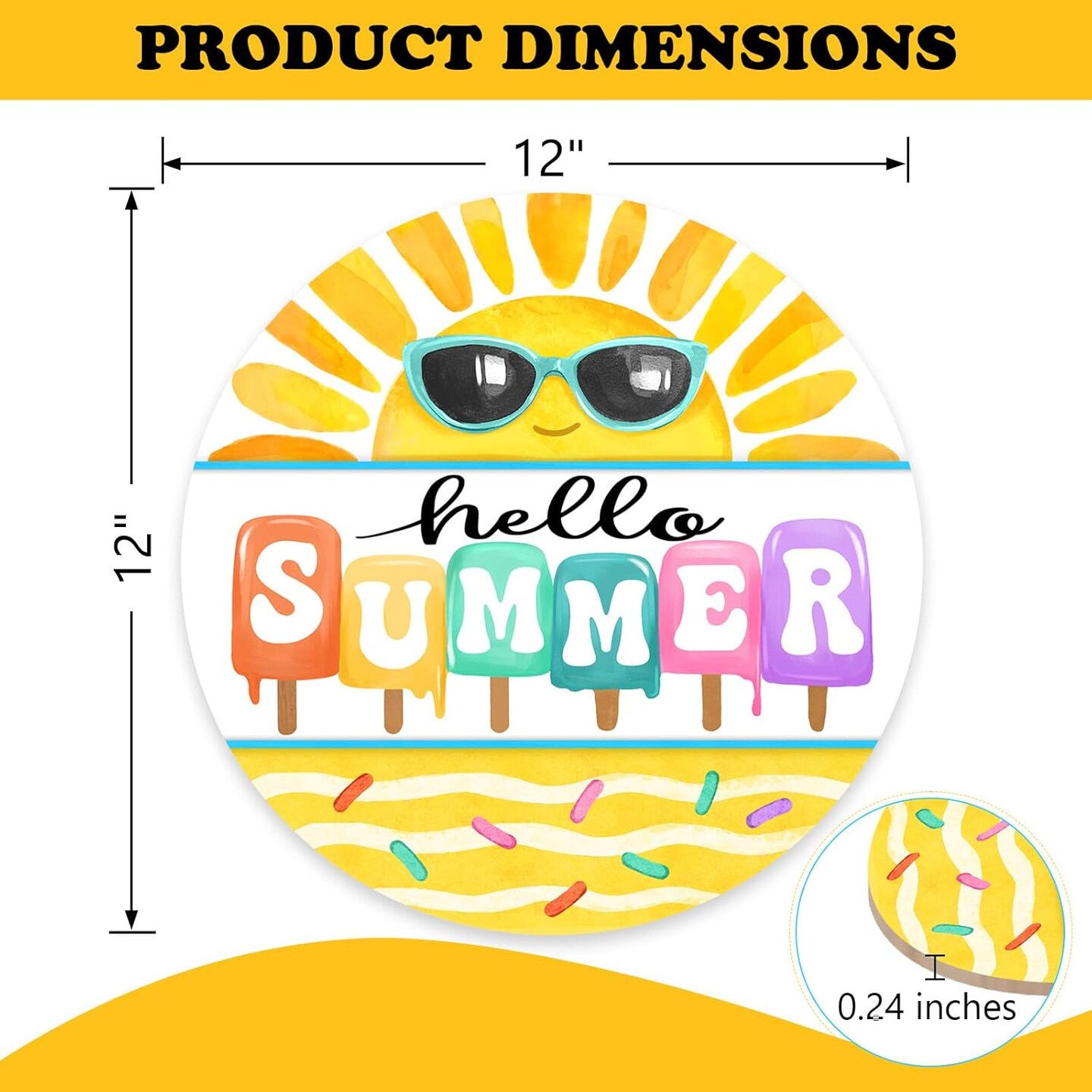 Hello Summer Sun Sunshine Front Door Sign, Popsicle Sunglasses Yellow Wood Door Hanger Outdoor Outside Porch Decor, Seasonal Wooden Wreath Indoor Wall Hanging Decoration