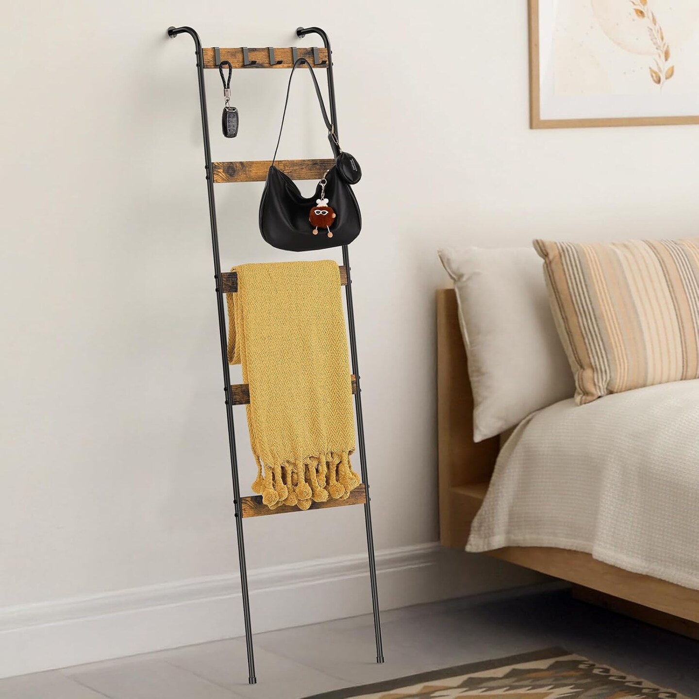 5-Tier Blanket Ladder with 10 Removable Hooks - Rustic Brown Wall-Leaning Towel Rack Organizer for Living Room, Bedroom, Bathroom Decor