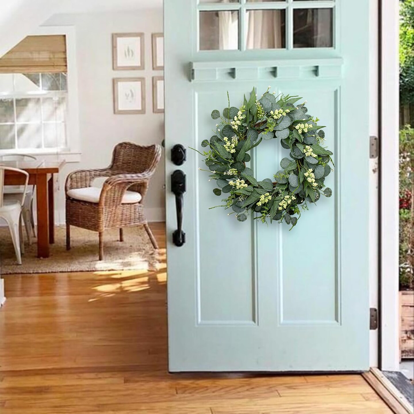 22 Inch Artificial Green Eucalyptus Wreath Summer Wreaths for Front Door with White Berries Summer Decor for Porch, Wall, Farmhouse