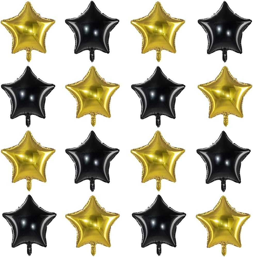 Black Gold Big Balloons Star Foil Mylar Helium Balloons for Party Decorations, Pack of 20