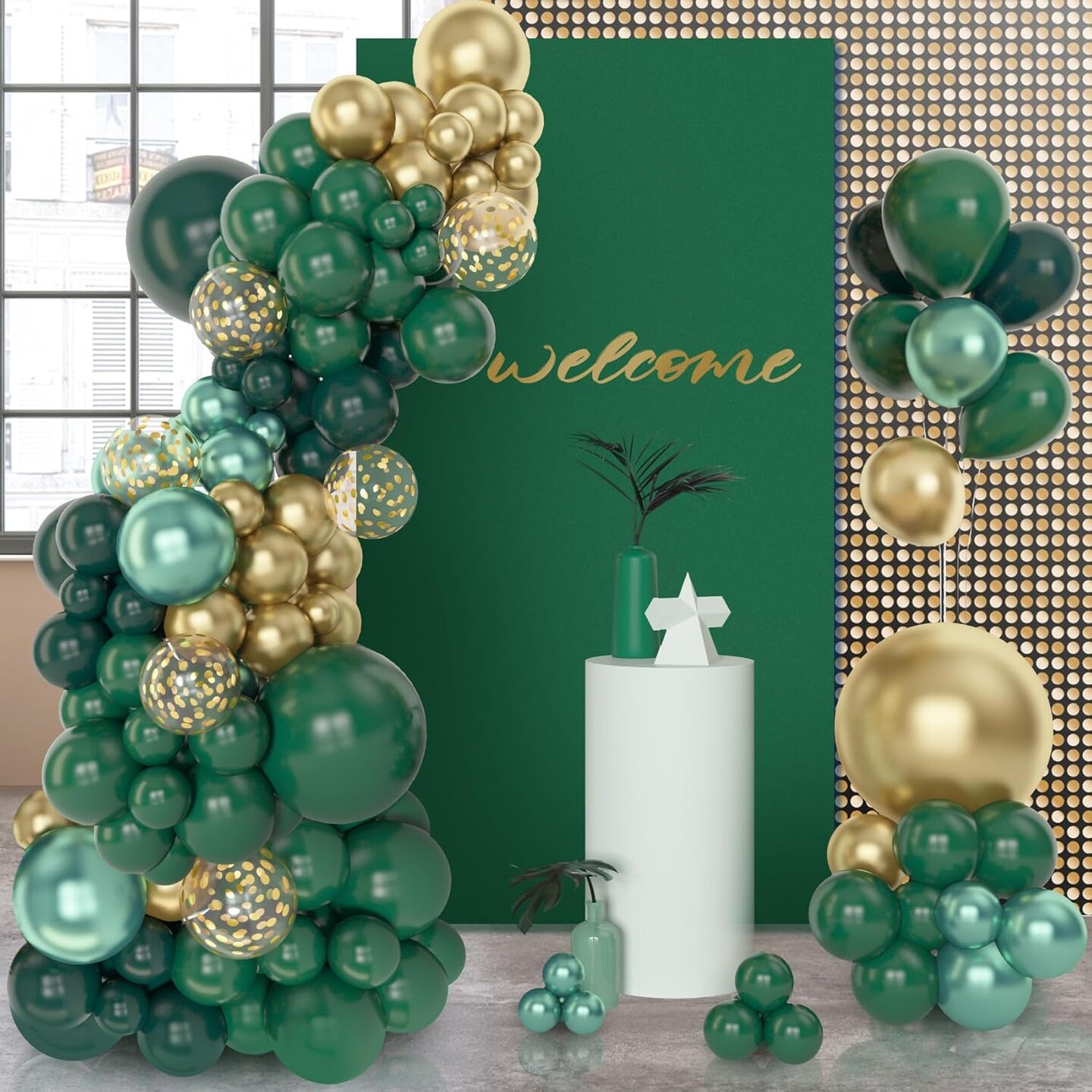 153PCS Green & Gold Balloon Garland Kit – Latex & Confetti Balloons for Graduation & Birthday