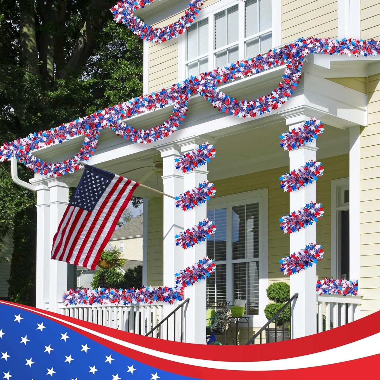 Red, White & Blue Star Metallic Tinsel Garland 4th of July Decorations