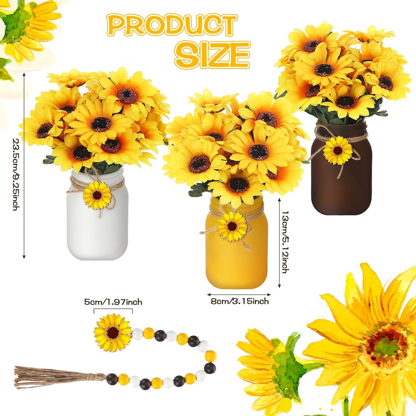 13 Pcs Mason Jar Summer Table Decor, Centerpieces for Tables with Artificial Flowers and Garland, Summer Table Centerpiece for Home Dining Kitchen Decorations Indoor(Bright Sunflower)