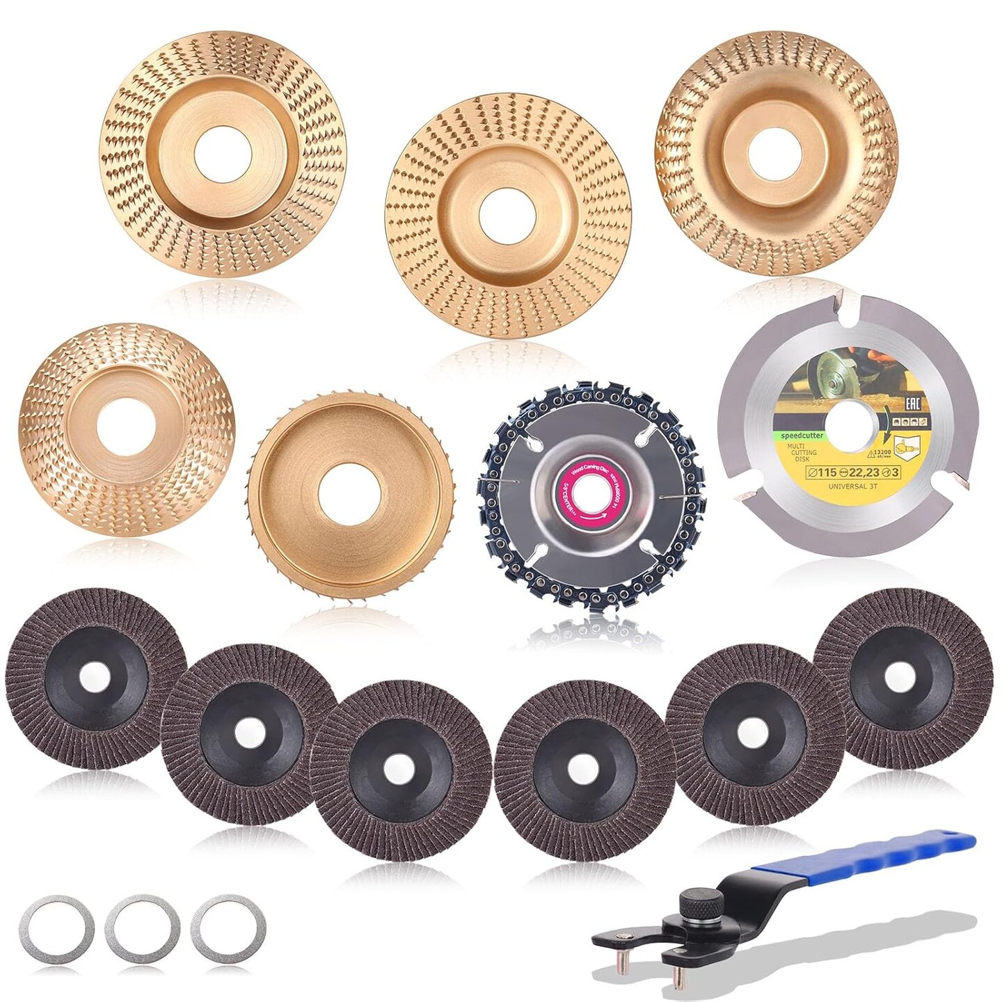 13PCS Wood Carving Disc Set for 4" or 4 1/2" Angle Grinder, Stump Tool Grinding Wheel Disc with 5/8" Adapter Ring, Woodworking Sanding Wheel Discs for Cutting Shaping Carving Polishing
