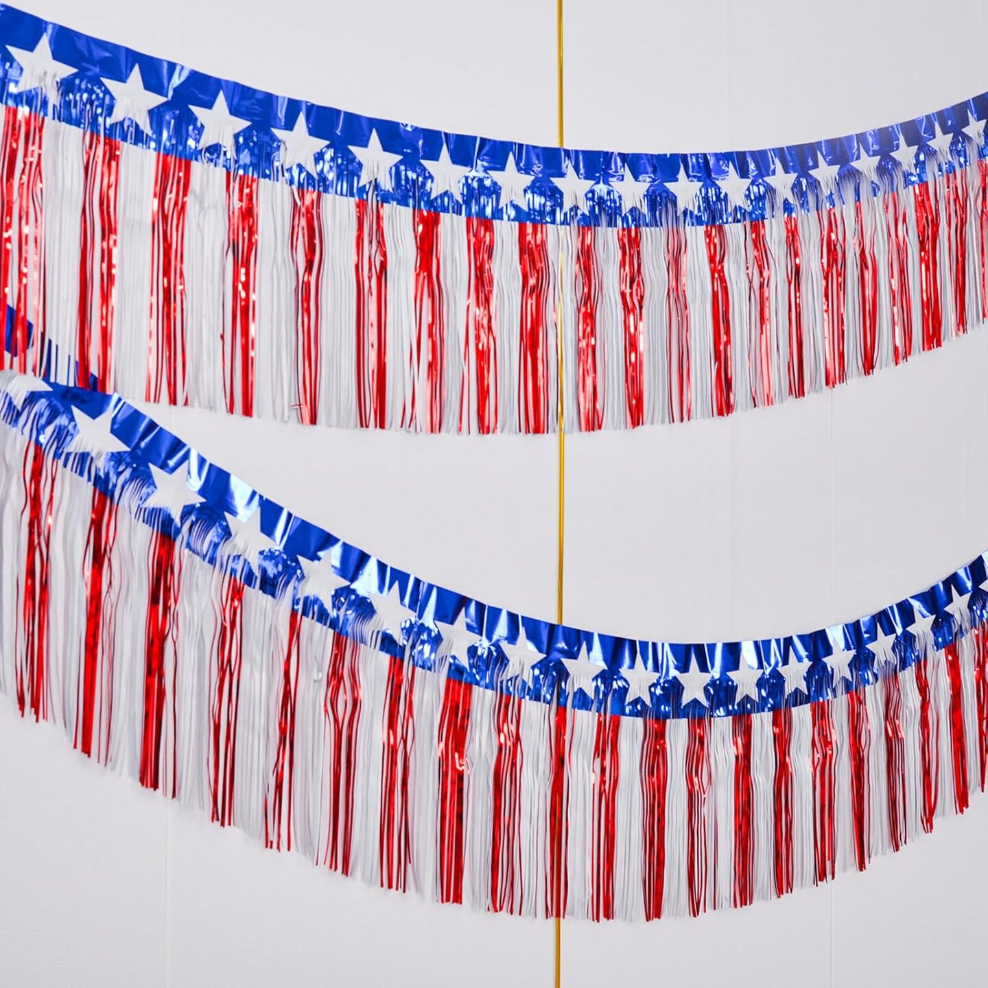 4th of July Decorations 2Packs 39 Feet Foil Fringe Garland Tinsel Streamers, Red White and Blue Star Metallic Hanging Backdrop Banner Table Skirts for Parade Floats Memorial Day Patriotic Party
