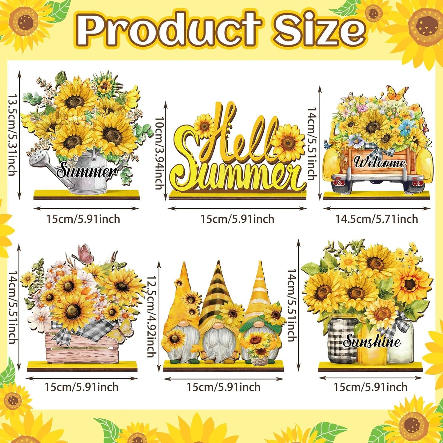 6PCS Sunflower Table Signs – Summer Wooden Centerpieces with Gnome “Welcome Sunshine” Farmhouse Rustic Decor for Home, Kitchen & Party Decorations