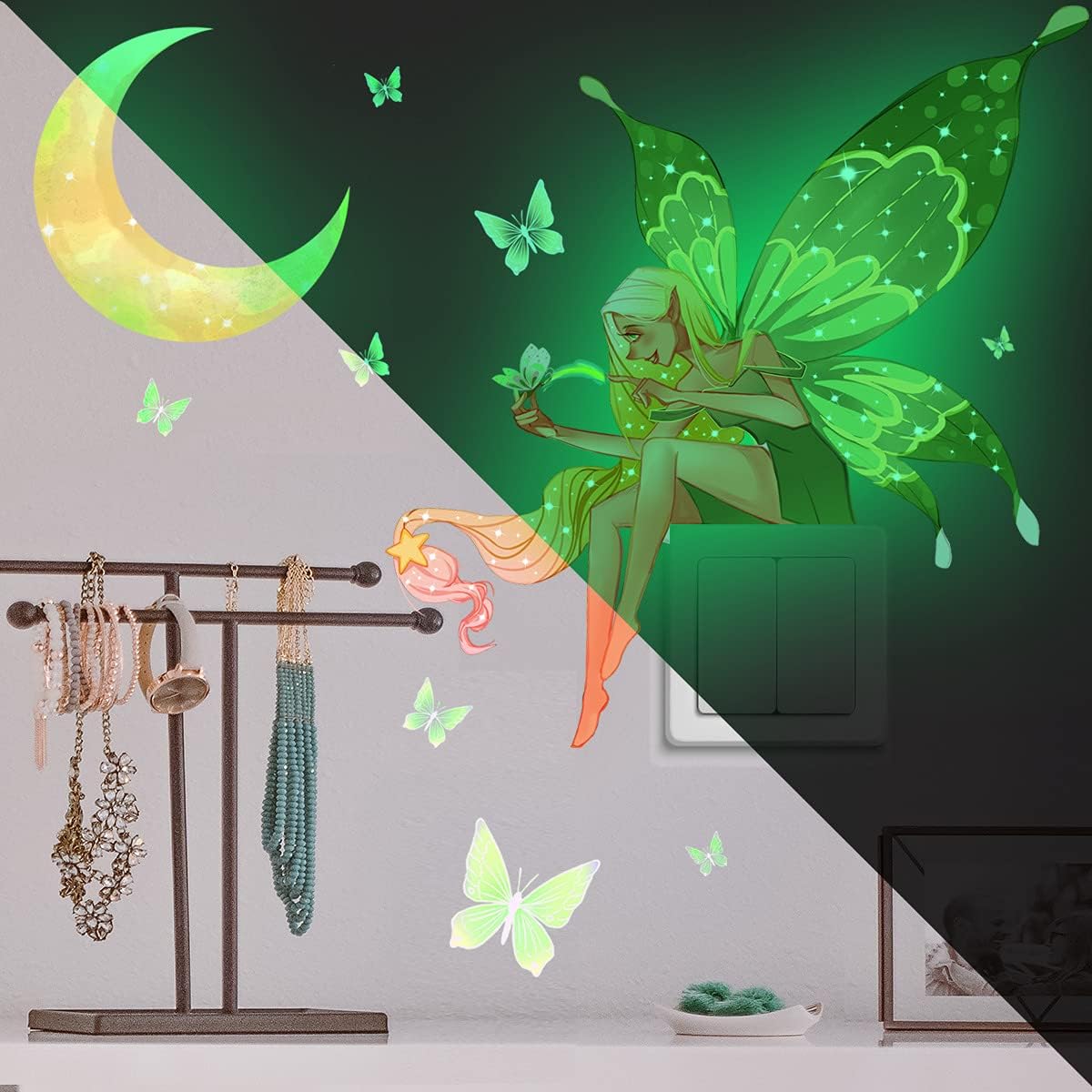 Glow in The Dark Butterfly Fairy Wall Sticker Luminous Moon Butterflys Wall Decals Cartoon Flower Fairy Princess Wall Stickers for Girls Bedroom Nursery Living Room Classroom Ceiling Decor Kids Gift