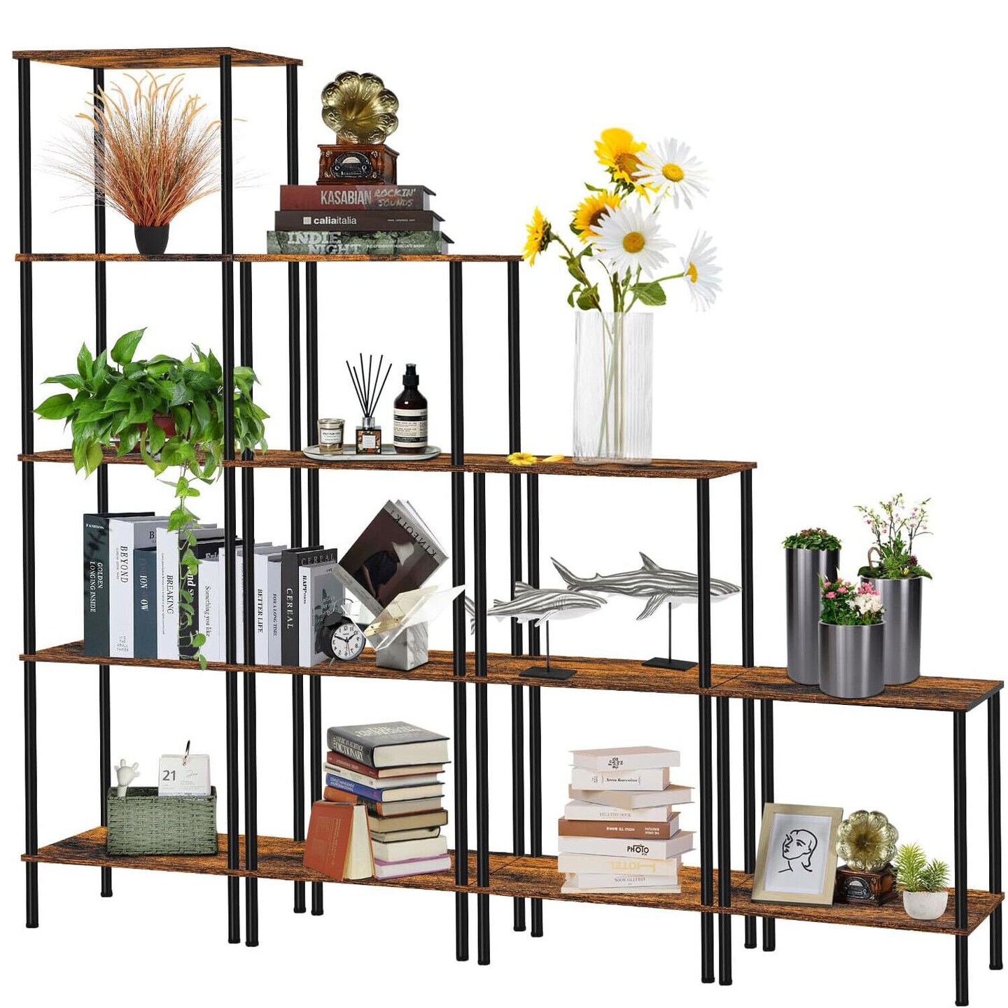 71&#x22; Tall Rustic Brown Ladder Bookshelf &#x2013; Vintage Corner Bookcase with 5 Open Shelves, Sturdy Chipboard &#x26; Metal Frame for Home Office, Apartment, Dorm &#x2013; Easy Assembly