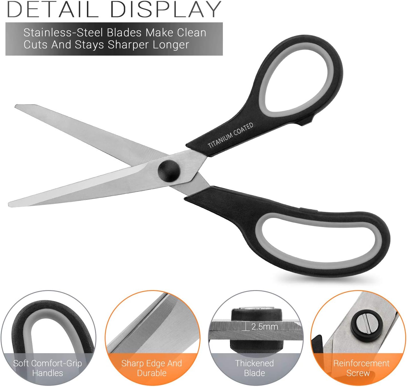 8&#x22; Multipurpose Titanium Coated Scissors - Sturdy Sharp Right/Left Handed Comfort-Grip Handles for Office, Home, School, Sewing, Fabric, Craft Supplies - Black