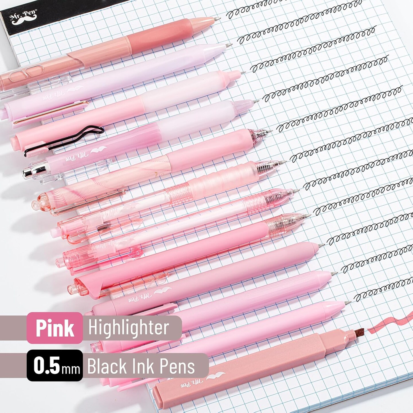 Gel Ink Pink Pen Set, 12 Pack, 1 x Aesthetic Highlighter, 0.5mm Cute Pink Pens Black Ink with Pastel Barrels