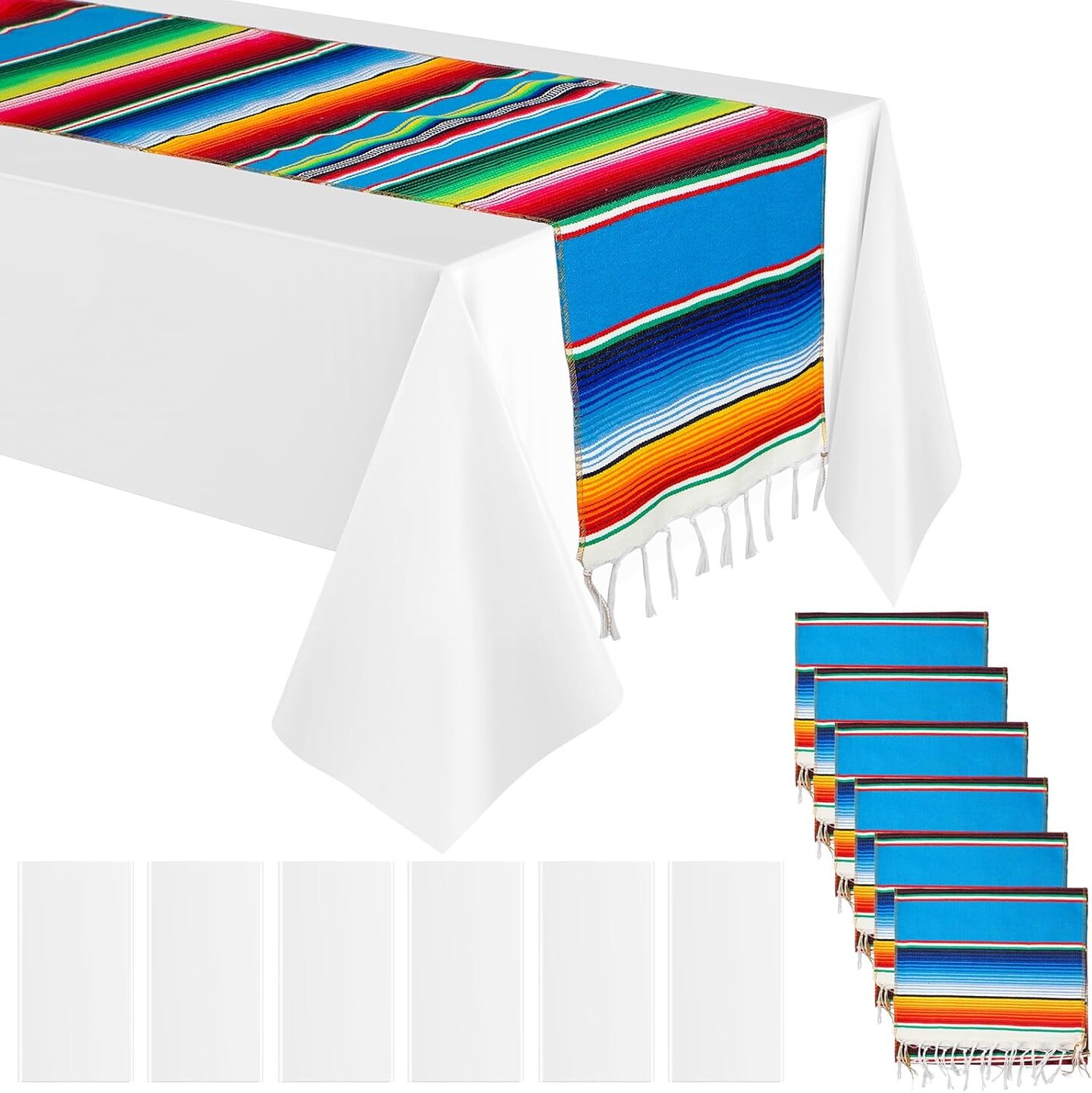 12-Pack Mexican Table Runner & Tablecloth Set 108x54in – Serape Runner & Disposable Tablecloth (White)