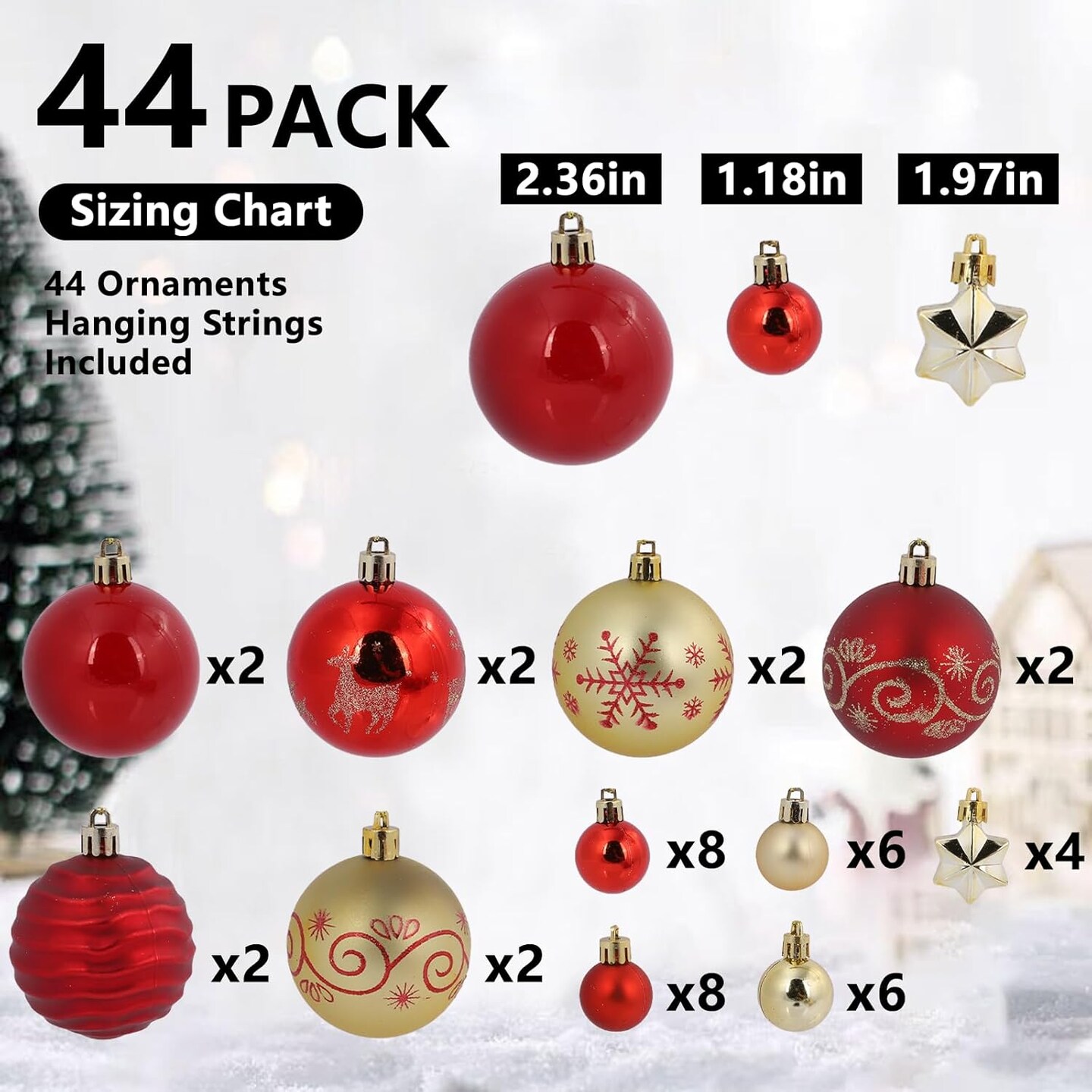 44Pcs Christmas Ball Gold and Red Christmas Ornaments Set for Garden Backyard Holiday Wedding Party Decor with 12 pcs 2.36&#x201D; Large and 32 pcs 1.18&#x201D; Mini Christmas Decorations Ornaments Bulk Balls