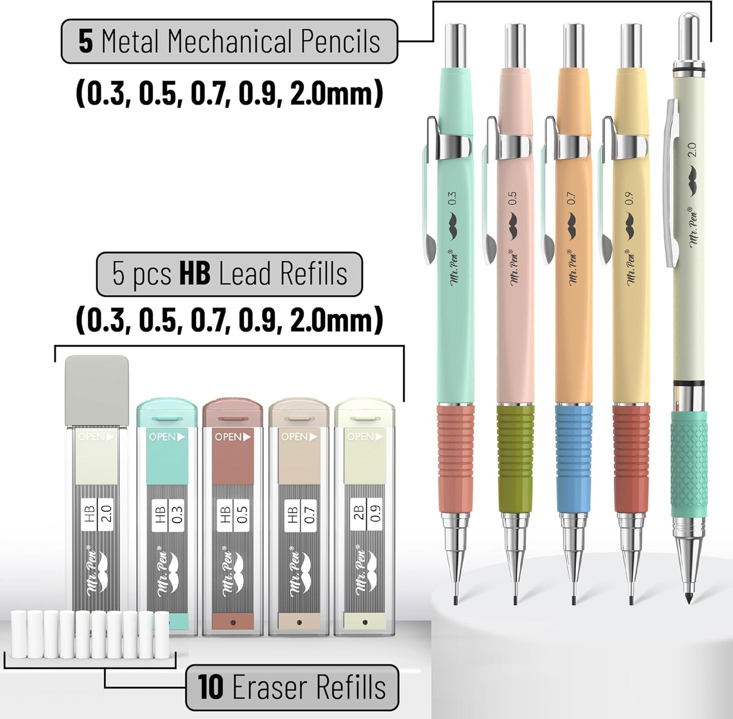 Mechanical Pencil Set, 5 Sizes, 0.3, 0.5, 0.7, 0.9, 2mm, Anti Skidding Grip Cute Mechanical Pencils, Sketching Pencils, Aesthetic Mechanical Pencils, Pastel Mechanical Pencils