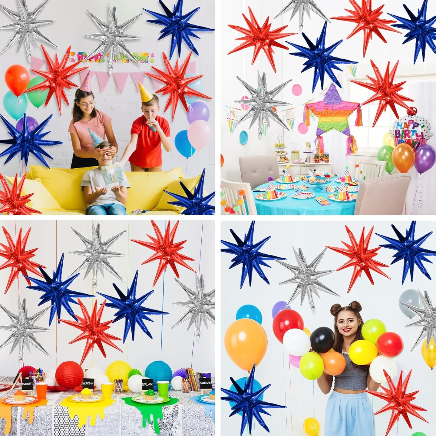 Red Blue Silver Star Balloons,9Pcs Red Blue White Explosion Star Foil Balloons,22Inch Spike Cone Star Helium Mylar Balloons for Birthday Anniversary Baby Shower 4th of July Disco Party Decorations