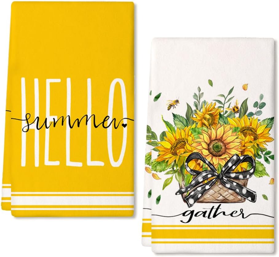 Sunflower Hello Summer Kitchen Towels Dish Towels Set of 2,Yellow Basket Floral Hand Towels 18x26 Inch Drying Dishcloth,Farmhouse Home Seasonal Holiday Summer Decorations AD318