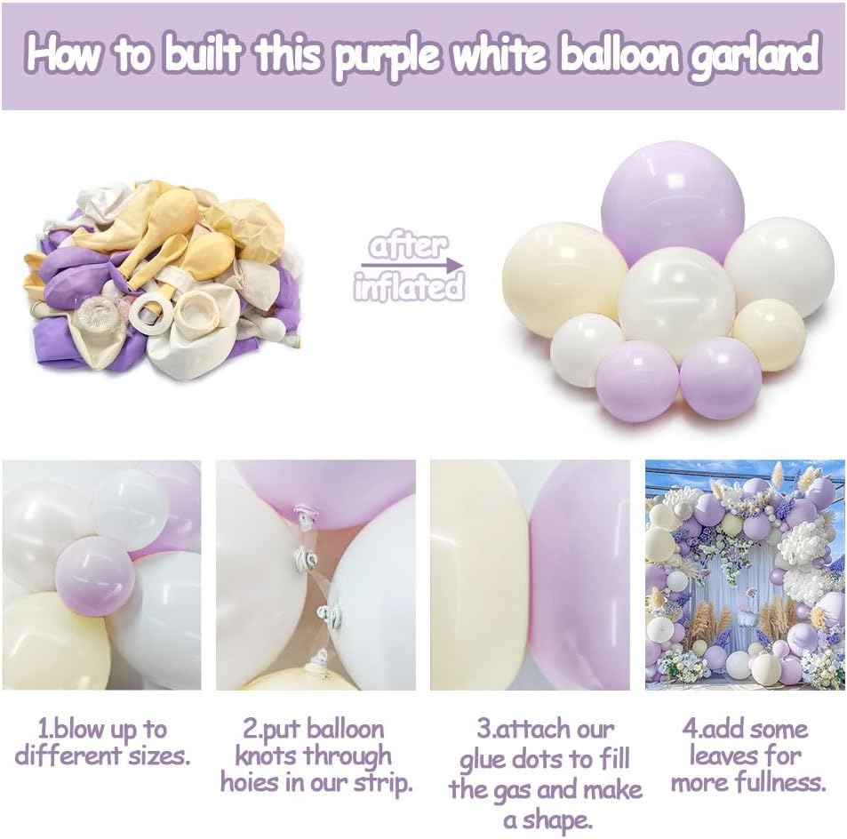 Pastel Purple White Balloon Garland - Double Stuffed Lavender Light Purple Cream Balloon Arch Kit Pearl Lilac White Ivory Color